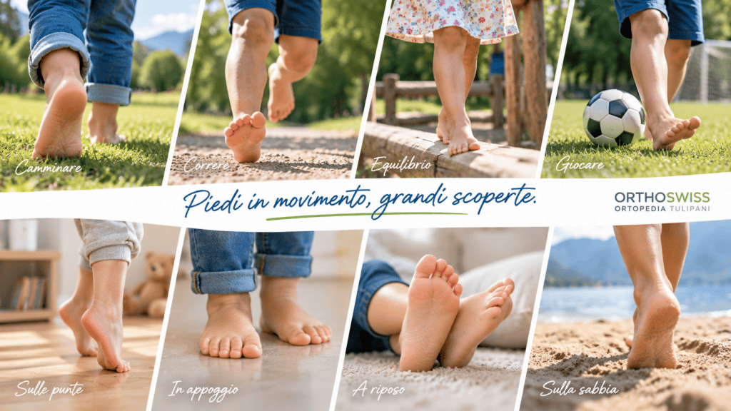 Piedi di bambini durante gioco, corsa e movimento