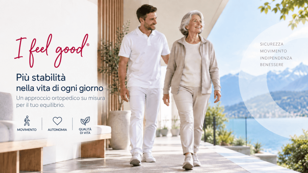 Persona anziana durante il cammino con supporto, tema instabilità ed equilibrio Orthoswiss