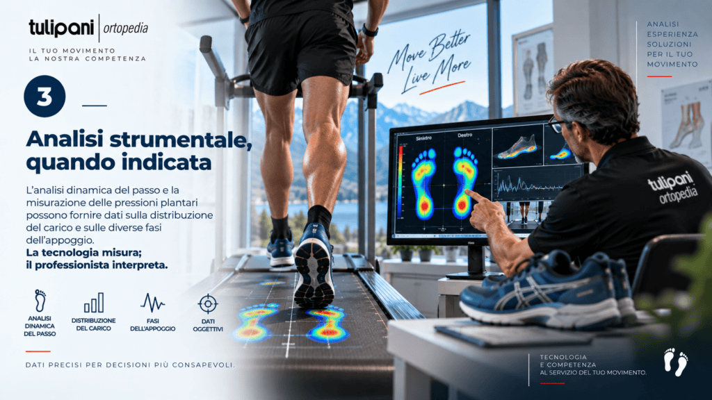 Analisi strumentale del passo con sistemi computerizzati per valutare appoggio, movimento e distribuzione delle pressioni.